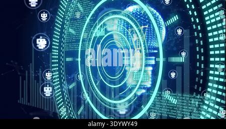 Displaying central concentric HUD rings showing ghost avatar face in cyberspace, with robot icons Stock Photo