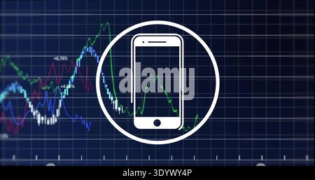 Displaying white smartphone icon inside circular frame on dark blue grid, with colorful line charts Stock Photo