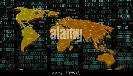 Glowing golden low-poly world map floating in virtual grid, showing lit nodes, mesh, dotted planes Stock Photo