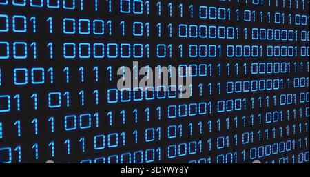 Displaying large electronic display showing repeating binary digits on monitor screen, cyan glow Stock Photo