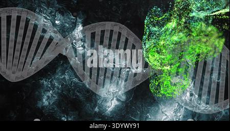 Displaying translucent DNA helix stretching across abstract lab visual, with neon-green plume Stock Photo