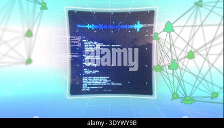Displaying central floating HUD showing blue wave and code over 3D-grid plane with green node icons Stock Photo