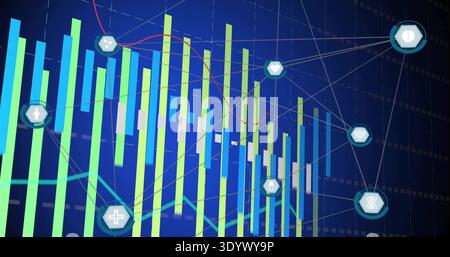 Displaying data chart on dark blue screen showing green-blue bars, red cyan lines, hexagonal nodes Stock Photo