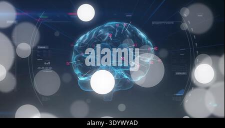 Displaying holographic brain showing glowing neural filaments in studio, with pink markers, HUD Stock Photo