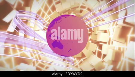 Floating magenta globe showing Australia rotating in 3D studio with beige cubes ribbons LED strips Stock Photo