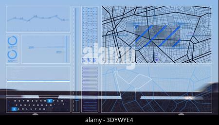 Displaying digital HUD showing map panels, telemetry, gauges and keyboard at vehicle viewpoint Stock Photo