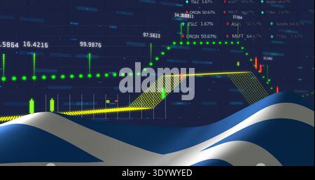 Displaying financial chart on navy dashboard, with candlesticks, dotted green line, ribbon Stock Photo