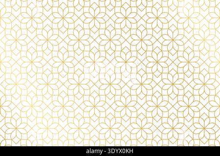 Art deco pattern with repeated golden flower shapes on white background. Luxury floral print. Elegant minimalistic wallpaper. Arabian mosaic print. Golden abstract ornament. Vector illustration. Stock Vector