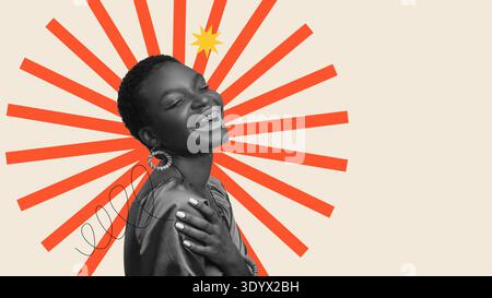 Bright Collage of a Woman Smiling With Colorful Rays in the Background Stock Photo