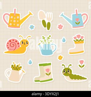 Spring garden stickers set with watering can snail and rubber boots vector illustration. Stock Vector
