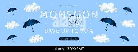 Monsoon sale horizontal banner with umbrellas and clouds vector illustration. Stock Vector