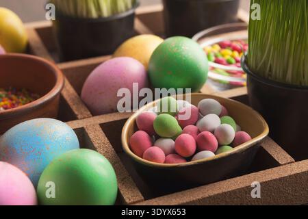 Easter eggs painted in pastel colors Stock Photo