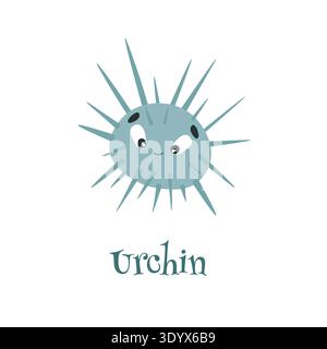 ABC. A card for learning English. letter U - urchin. Blue urchin on a white background. children cards Stock Vector