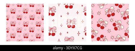 Seamless cherry pattern set with pink bows and ribbons. Cute coquette design featuring fresh fruit, romantic lace details, and girly vintage aesthetic for fabric or wallpaper. Stock Vector