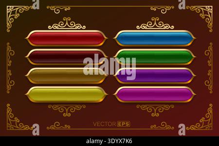 Vibrant glossy buttons with golden ornate frames. Customizable web design elements for a luxurious feel. Vector illustration. Stock Vector