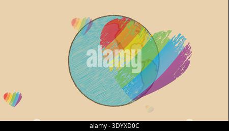 Showing pencil-hatch globe at center on beige backdrop, featuring diagonal rainbow heart and hearts Stock Photo