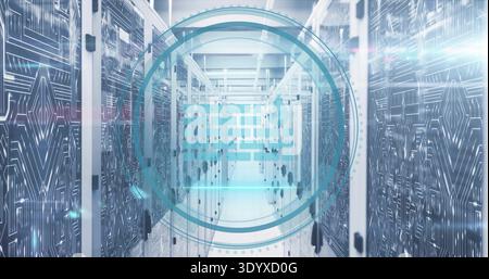 Displaying central aisle of server racks in data center, with firewall HUD and LED indicators Stock Photo