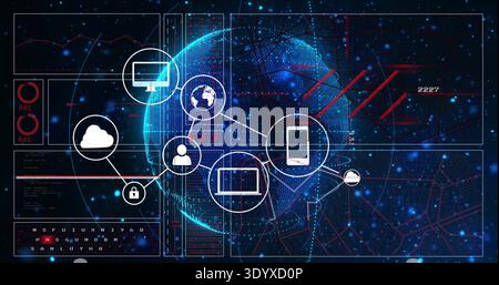 Displaying central wireframe sphere head glowing on network dashboard, showing cloud padlock icons Stock Photo