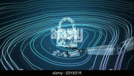 Hovering holographic padlock glowing above robotic hand in virtual cyber space, with neon ripples Stock Photo