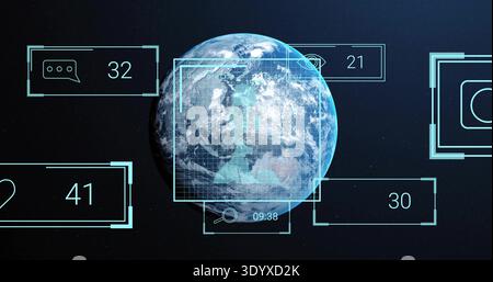 Displaying rendered Earth orbiting deep space, showing grid, triangular marker, HUD panels 09:38 Stock Photo