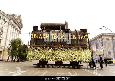 An installation in a square in Kyiv depicting a power transformer destroyed by a rocket. Stock Photo