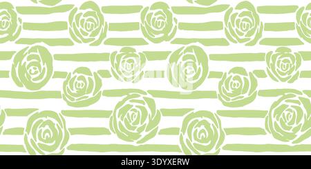 Lime Green Hand-Drawn Floral and Striped Seamless Vector Pattern Stock Vector