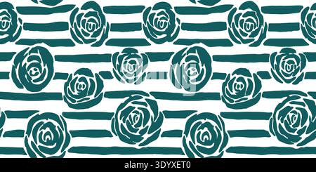 Deep Teal Hand-Drawn Floral and Striped Seamless Vector Pattern Stock Vector
