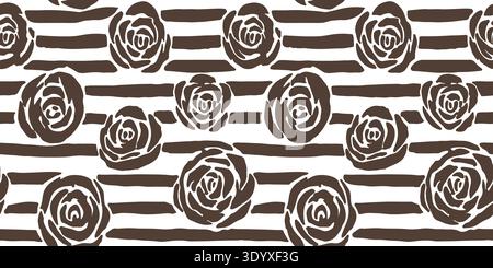 Chocolate Brown Hand-Drawn Floral and Striped Seamless Vector Pattern Stock Vector