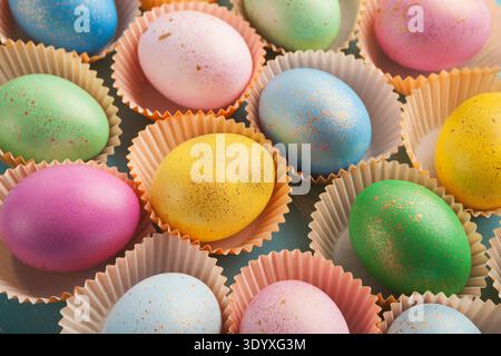 Easter background. Colored eggs closeup Stock Photo