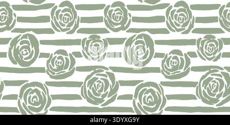 Sage Green Hand-Drawn Floral and Striped Seamless Vector Pattern Stock Vector