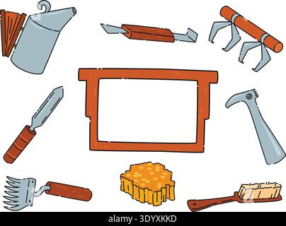 Beekeeping tools set. Beekeeper items, cartoon style drawing. vector cartoon illustration Stock Vector