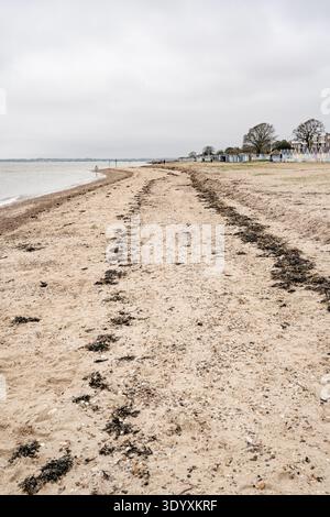 Seaweed covered sandy beach with colourful beach huts on overcast winter day Stock Photo