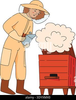 Woman beekeeper in protective suit holding fumigating bee hive with smoke Stock Vector