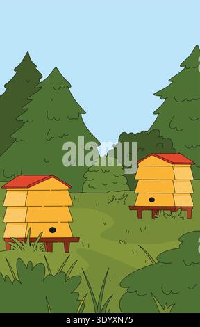 Beautiful summer landscape with green meadow, wooden beehives in cartoon style Stock Vector