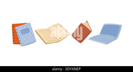 Study supplies. Notebooks and laptop. Hand drawn doodle style illustration for creative workspace, student organization Stock Vector