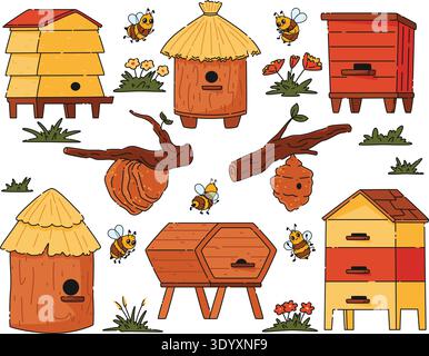 Honey products and apiary set. Beekeeping collection with wooden house and beehive on tree for bees Stock Vector