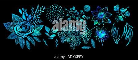 Set of neon flowers on a black background . Hand drawn. Not AI, vector illustration. Stock Vector