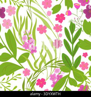 Seamless pattern with spring pink flowers. Hand drawn. Not AI, vector illustration. Stock Vector