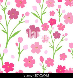 Seamless pattern with spring pink flowers. Hand drawn. Not AI, vector illustration. Stock Vector