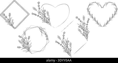 Collection of black and white lavender floral frames. Botanical line art set with heart, square and polygon borders decorated with elegant herb Stock Vector