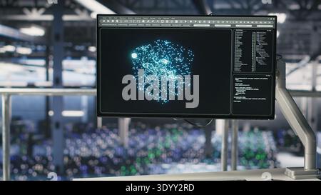 Server hub computer screen monitoring systems processing machine learning datasets for AI workflows. PC displays tracking hardware supporting artificial intelligence model development Stock Photo