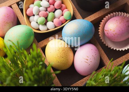 Colourful easter eggs painted in pastel colors Stock Photo