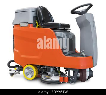 Industrial orange and grey ride-on floor scrubber dryer machine isolated on a white background. Professional cleaning equipment for large commercial s Stock Photo