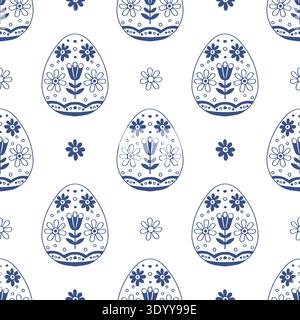 Seamless Scandinavian folk Easter eggs pattern in blue outline line art style. Nordic folk vector background.  Stock Vector