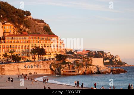 Sunset on beach in Nice France;French Riviera, Cote d'Azur Stock Photo