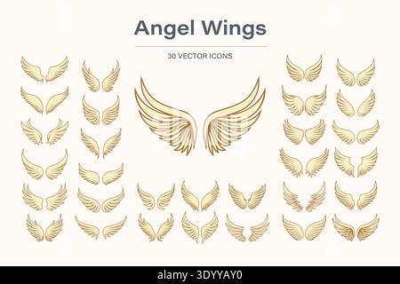 Angel Wings Vector Icon Set, Vector Illustration. Feathered Wings Collection in Different Shapes. Tattoo and Logo Design Elements for Religion, Heaven Stock Vector