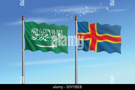 Saudi Arabia and Aland Islands flags relation with sky backgrund Stock Vector