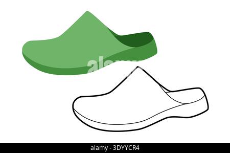 Green house clog sandal shoe women flat plus line set. One piece rubber slipper for lifestyle outdoor project. Technical fashion illustration CAD mockup mixed vector man unisex isolated stylish style. Stock Vector