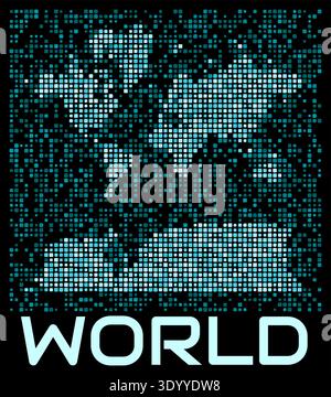 World digital style dotted map. Shape of the world in cyan color palette on a dark background. Futuristic map design. Amazing vector illustration. Stock Vector
