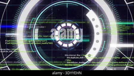 Displaying central ringed HUD on screen, showing radial ticks, code lines and neon glitch streaks Stock Photo